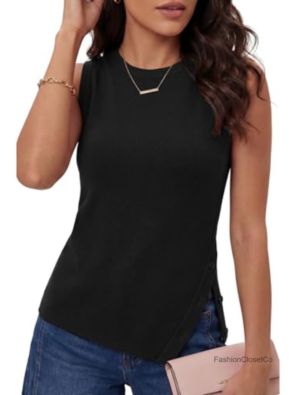Women's Wool Blend Sleeveless Sweater Tank Side Split Button
